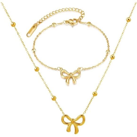 Dainty Gold Bow Jewelry Set – Necklace, Bracelet, and Earrings Set for Women - Picture 2 of 5